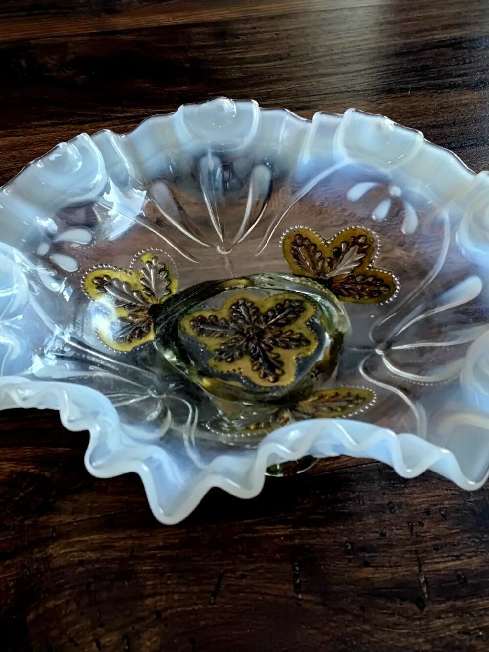 Antique Opalescent  w/ Crimped Rim Footed "Jefferson Glass Meander Leaf Bowl"